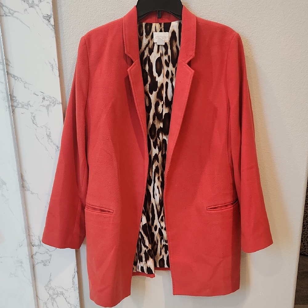 Chico's Vibrant Red Blazer with Animal Print Lining